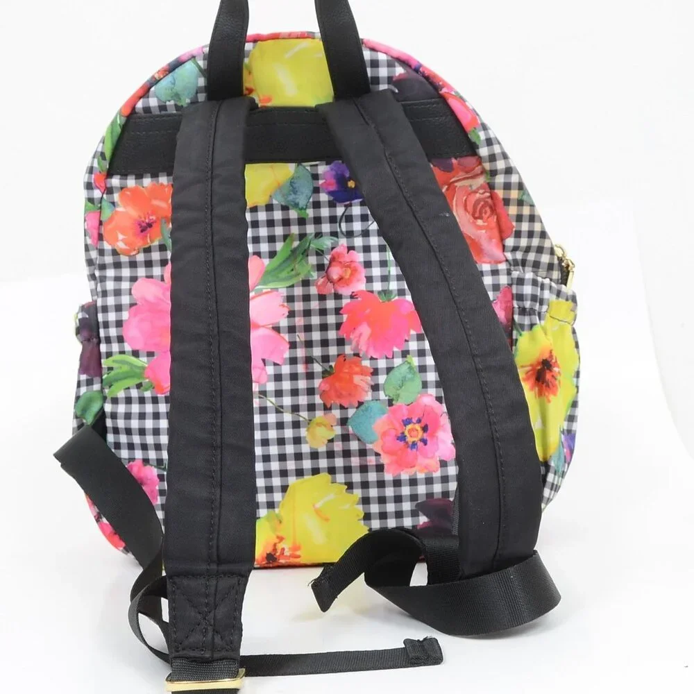 Betsey Johnson Black/White‎ Gingham w/Colorful Florals Multi Pocket Backpack